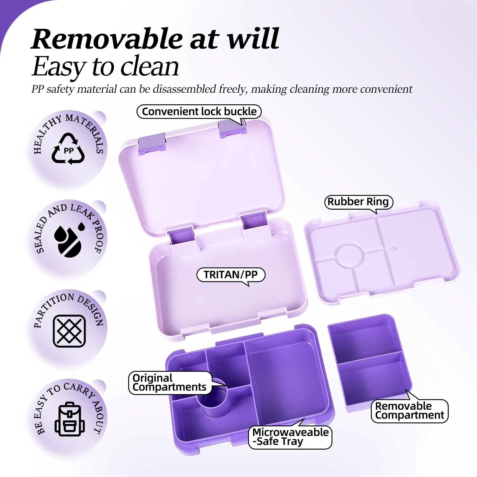 Glitter Style Kids Bento Lunch Box Adorable Cartoon Printed Bento Box Portable Divided Microwave Oven Leakproof Food Container for School Picnic