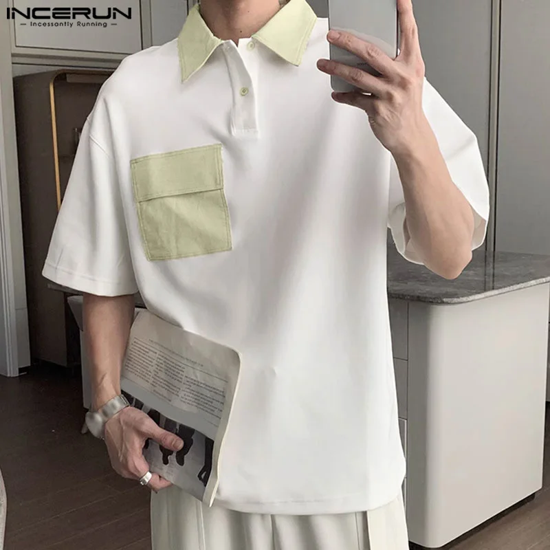 

INCERUN Tops 2024 Korean Style New Men Contrast Splicing Pocket Design Shirts Casual Streetwear Short Sleeved Lapel Blouse S-5XL