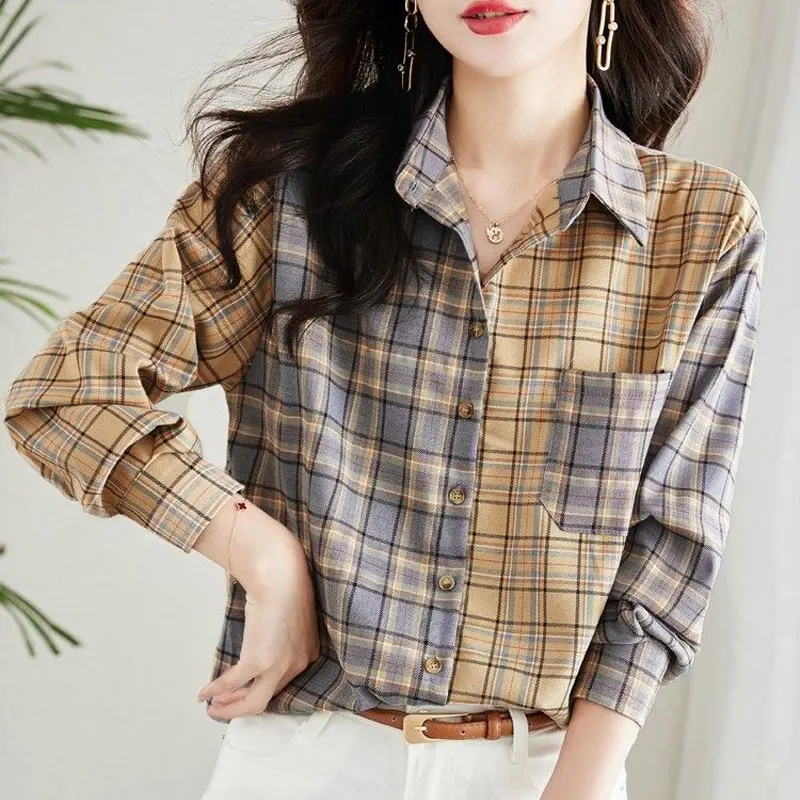 Commute Plaid Asymmetrical Blouse Casual Pockets Spliced Female Clothing Turn-down Collar Spring Autumn Single-breasted Shirt