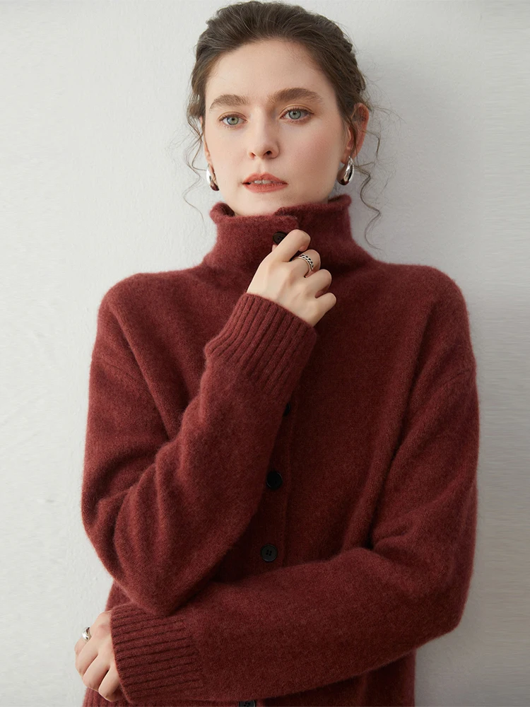 

Thick 100% Cashmere Grace Women's Autumn Winter Simple Cardigan Stand-Up Collar Sweater Knitted Warm Soft Comfort Clothing Tops