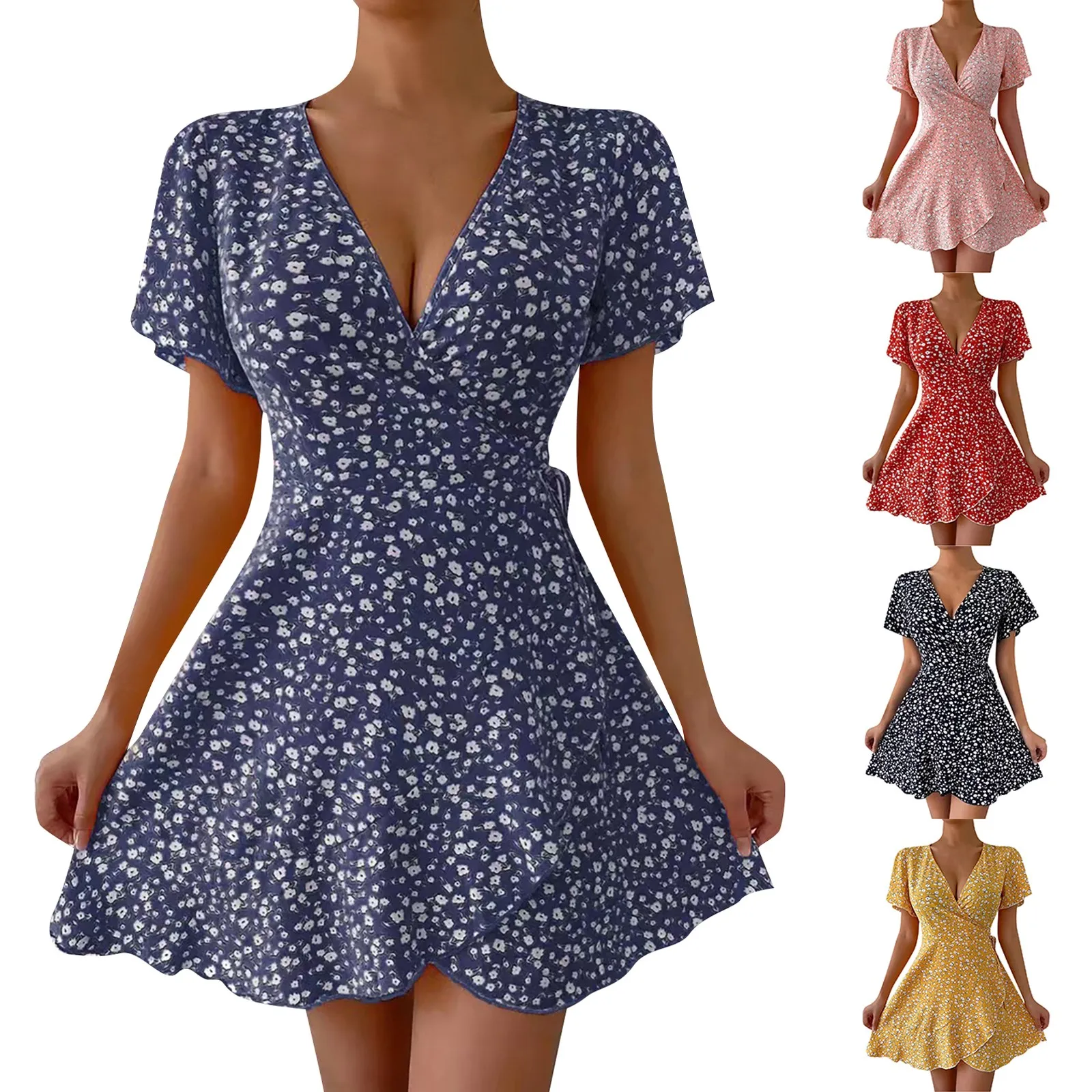 Sommerkleid für Frauen 2024 lässig sexy V-Ausschnitt Vestidos Blumen Schnürung A-Linie Kleid Mini Blume Strand kleid платье летнее