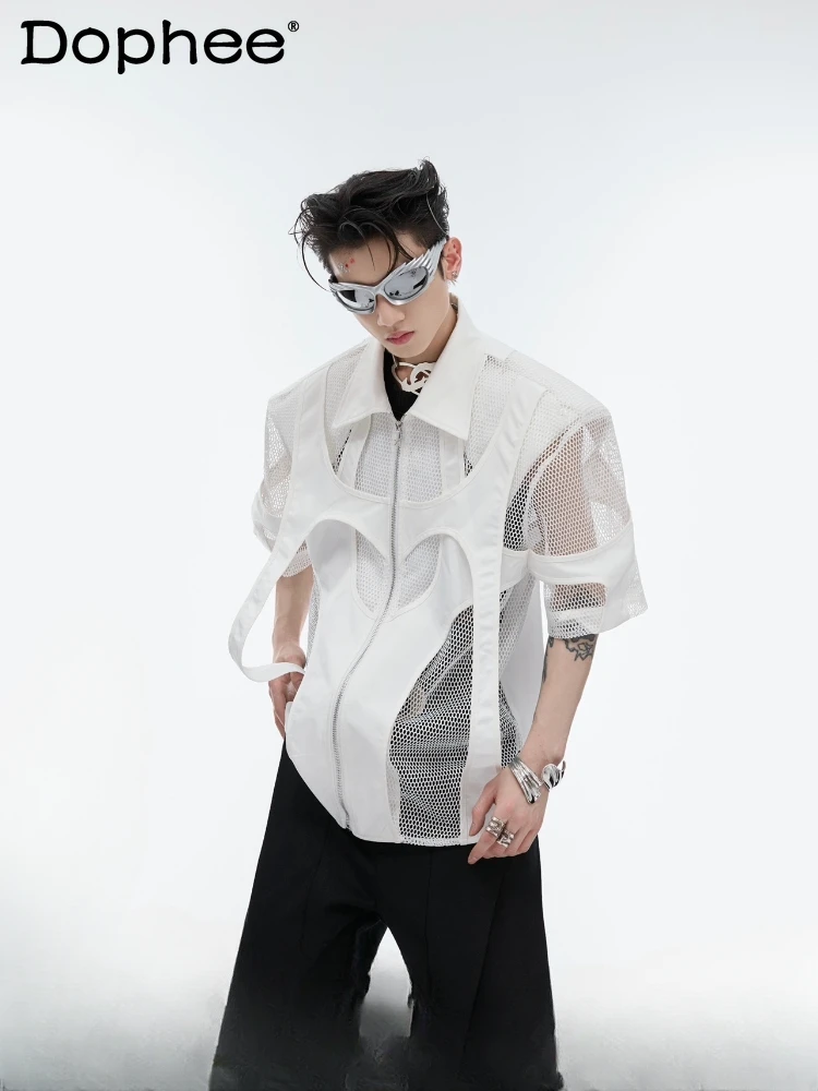 

Fashion Male Hollowed-out Mesh Yarn Short Sleeve Shirts Double-Layer Splicing Loose T-shirt Coats Trendy Male Solid Color Tops
