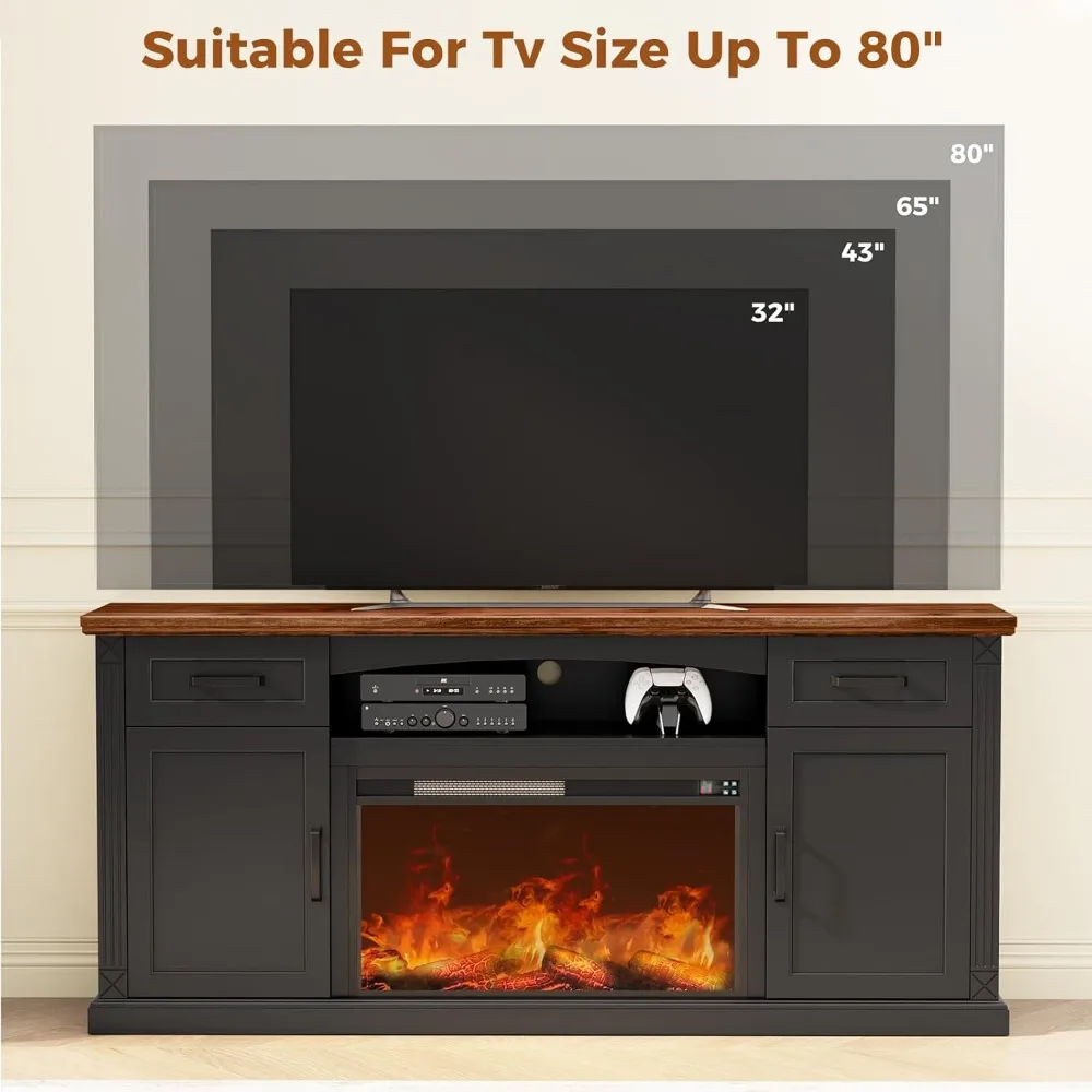 Centro de entretenimiento con chimenea eléctrica para televisores de 70 a 80 pulgadas, soporte para TV estilo granja de 32 altos con fuego eléctrico