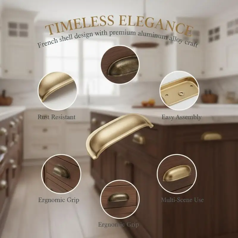 Shell Shaped Cabinet Door Handle Nickel Brushed French Wardrobe Pull for Living Room Furniture DIY Installation