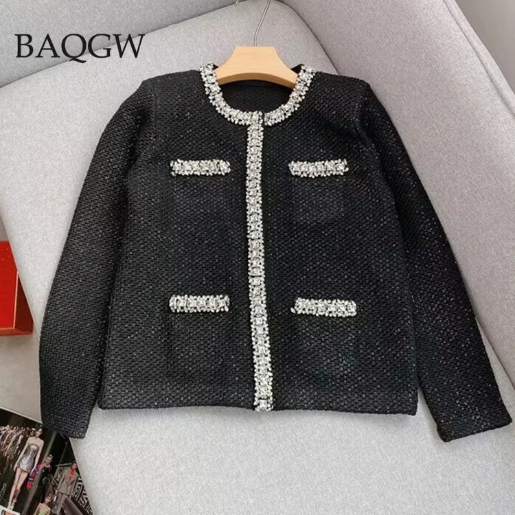 2025年春新作 長袖 丸首 クラシック ブラック ニット レディース カーディガン セーター コート ダイヤモンドとスパンコール付き
