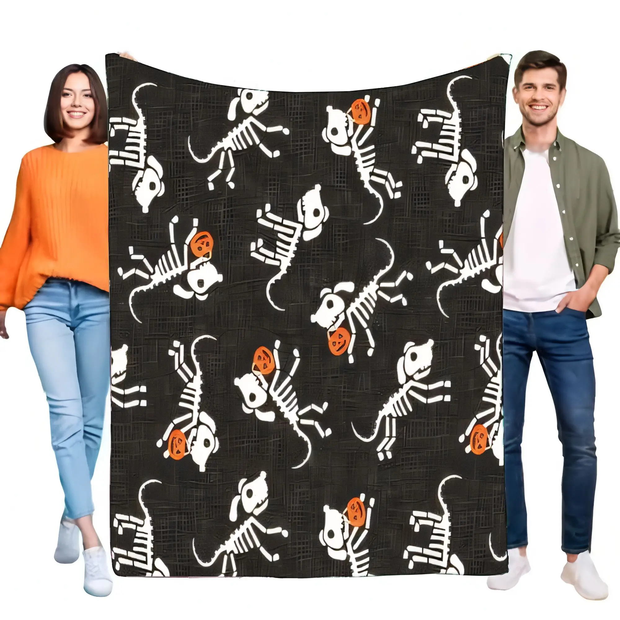 Cute Halloween Skeleton Dog & Pumpkin Throw Blanket Super Soft Flannel Fleece Cozy Warm Bed Sofa Home Decor Spooky Festive Gift