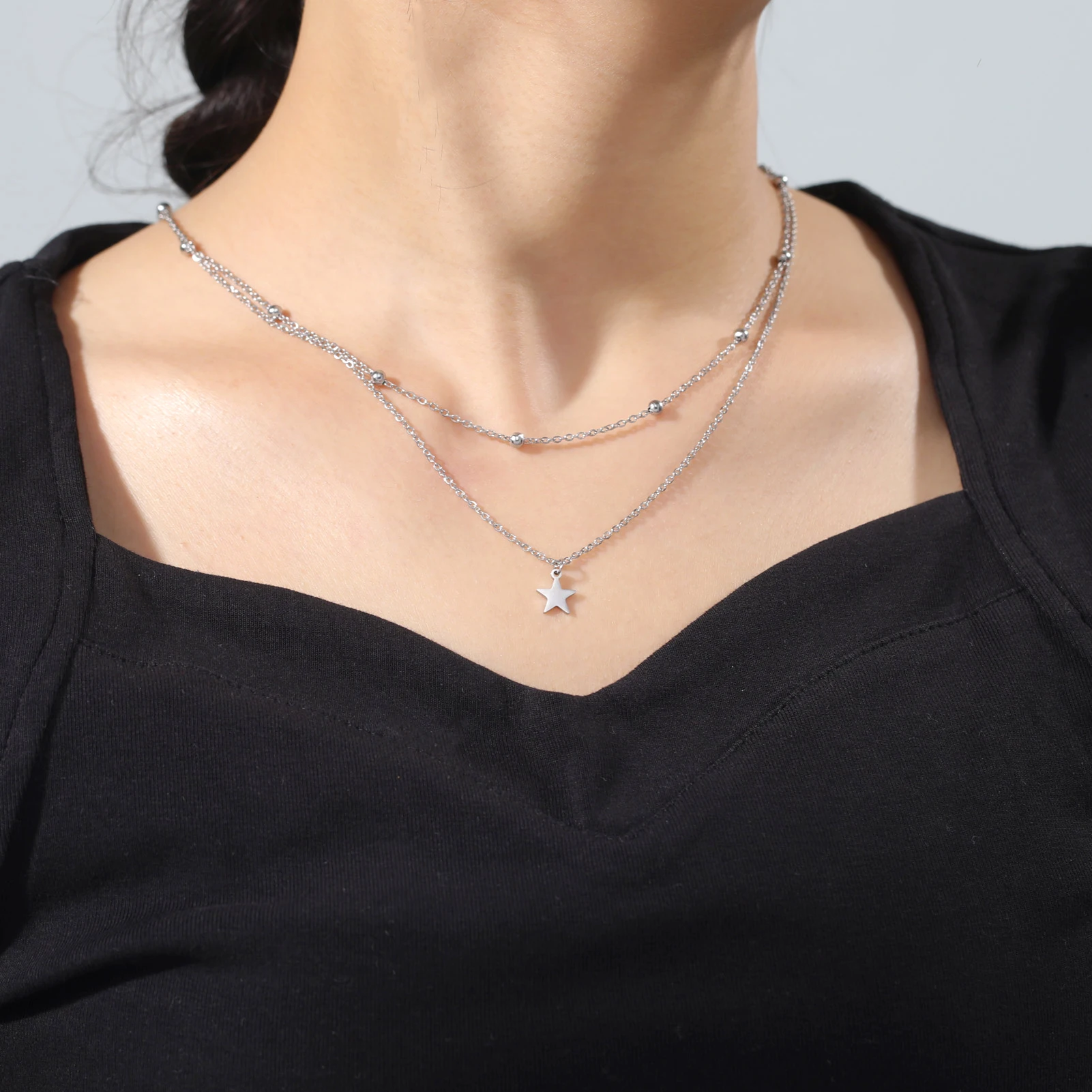 KKjoy Stern-Anhänger-Halskette für Damen, silberfarben, Edelstahlperlen, Doppelketten-Halsbänder, minimalistischer Schmuck, Accessoires, neu – Detail 5