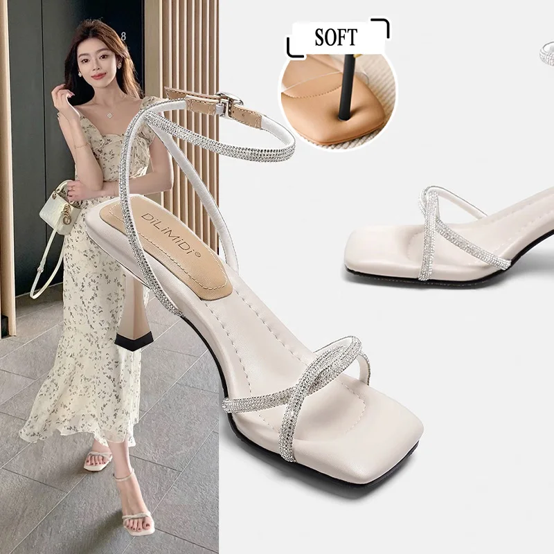 

Gorasion New Women's Summer Rhinestone High Heel Sandals Opened Toe Square Heel Stiletto Shoes Women Fashion Outdoor Sexy Wear