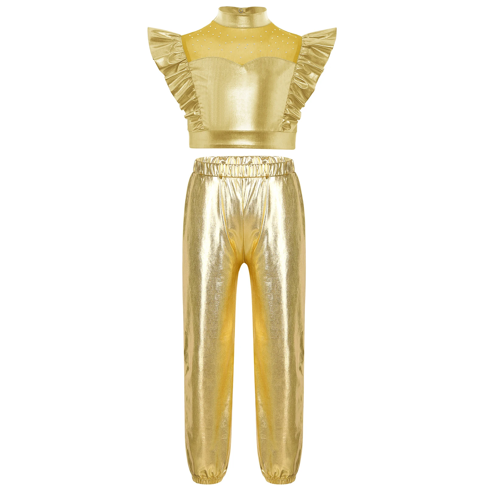 

Kids Girls Jazz Dance Clothing Mesh Patchwork Metallic Ruffle Jazz Crop Tops with Pants for Stage Dance Performance Competition
