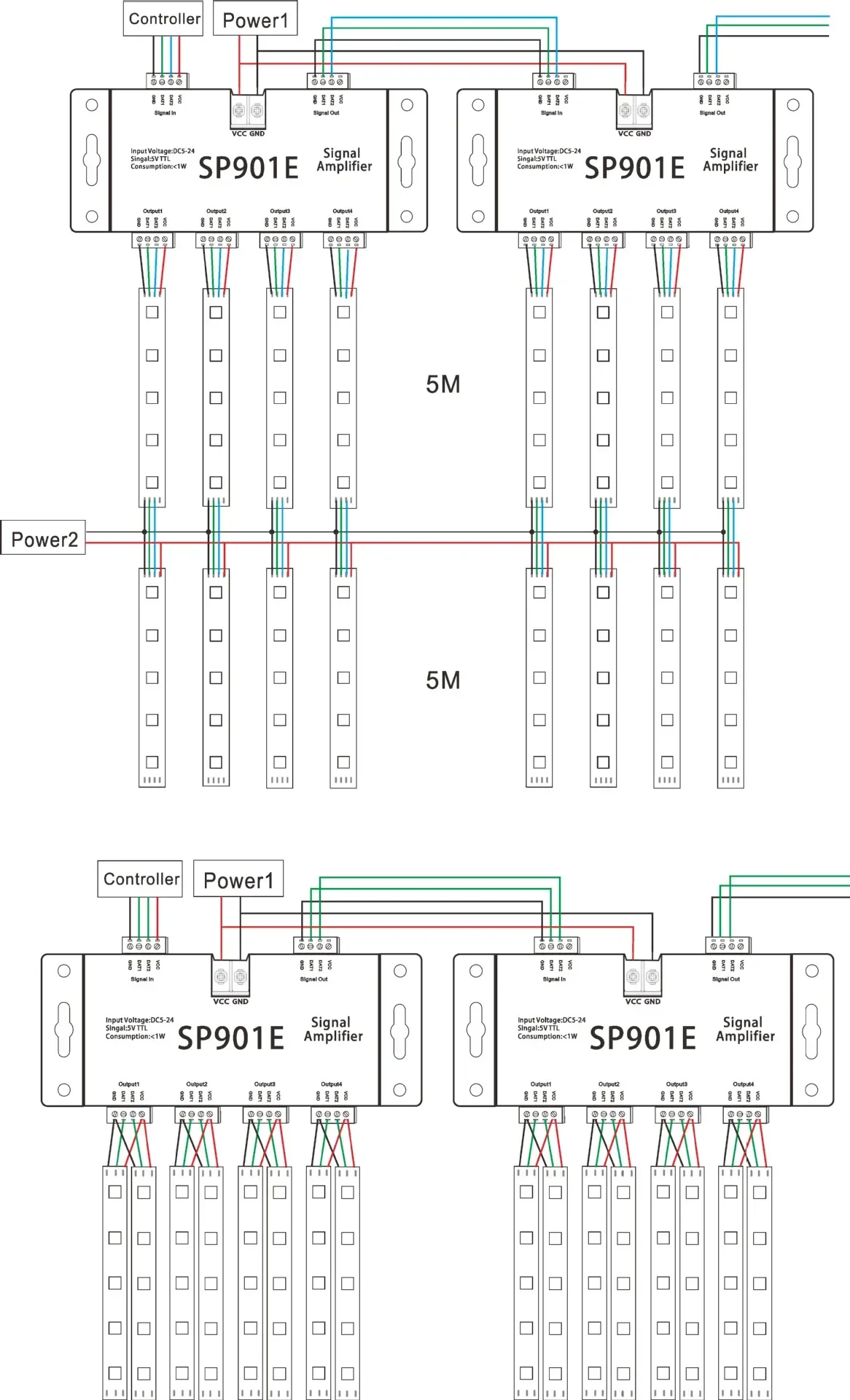 SP901E led SPI controller DC5V-24V LED Signal Amplifier 4CH group Amplifier for dmx512 led pixels strip magic module WS2812 2811