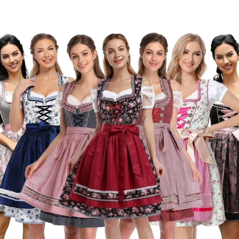 Women's Fancy Princess Sleeve Bavarian Dresses With Lace Apron Tradition Oktoberfest Costume For Women Beer Girls Maid Costumes