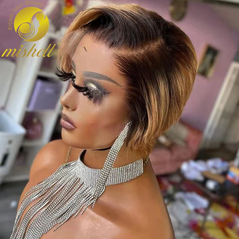 Short Straight Pixie Cut Wig 1B/27 Color Bob Human Hair Wigs 13x1T Part Transparent Lace Wig For Black Women Pre Plucked Remy