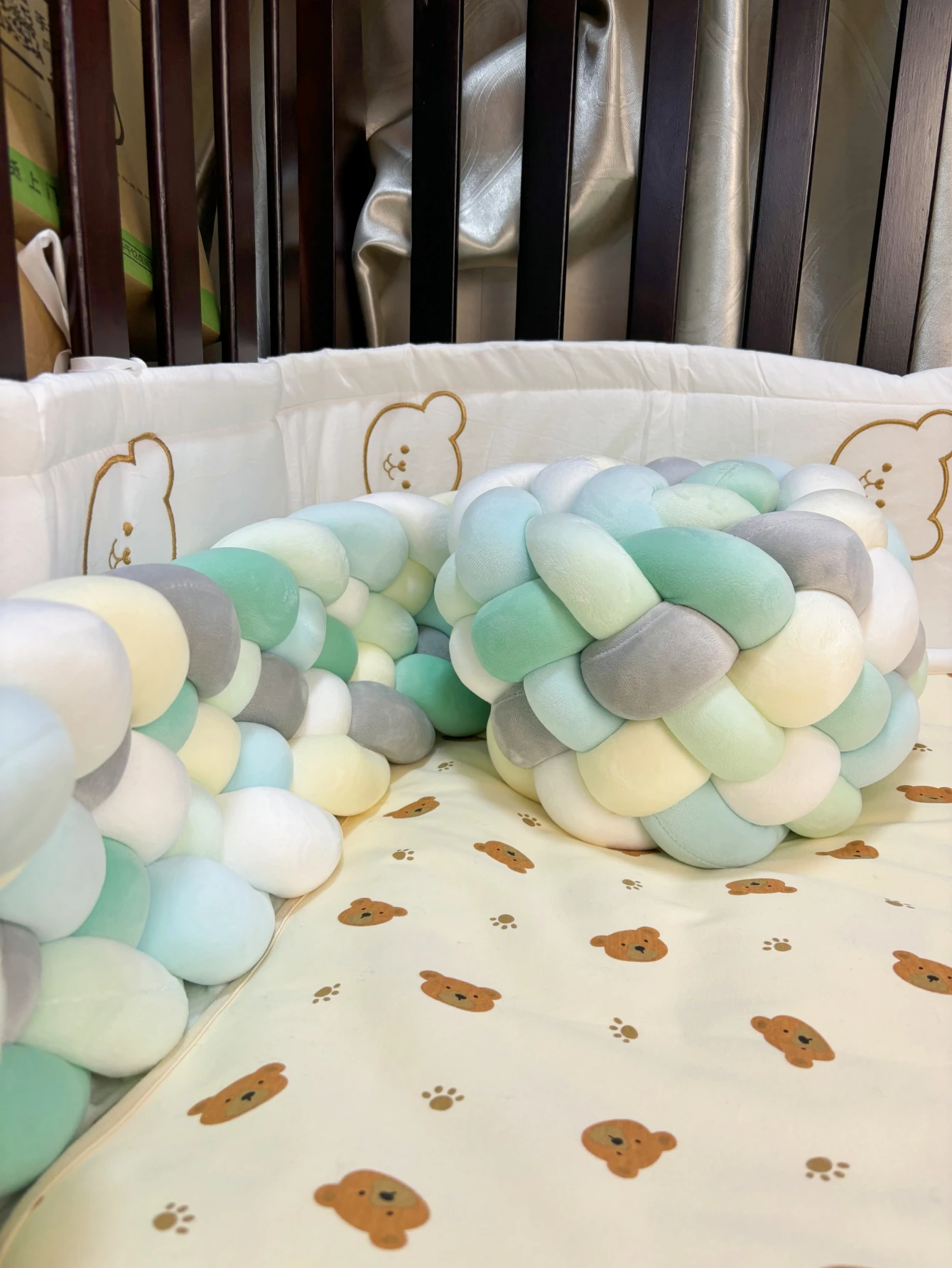 

6 Knotted Braided Baby Bed Bumper Handmade Soft Pillow Pad Cushion Nursery Cradle Infant Room Long Braid Pillow