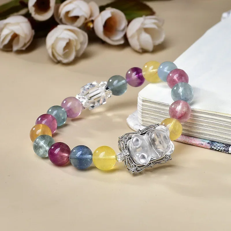 

Natural Color Fluorite White Crystal Sugar Cube Bear Bracelet Women's Light Luxury Fashion Lucky Bracelet