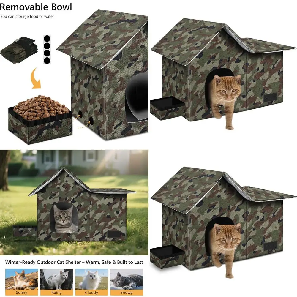 

Всепогодный большой уличный домик для кошек со съемным ковриком и миской, складное укрытие для бездомных кошек (камуфляж, XL)