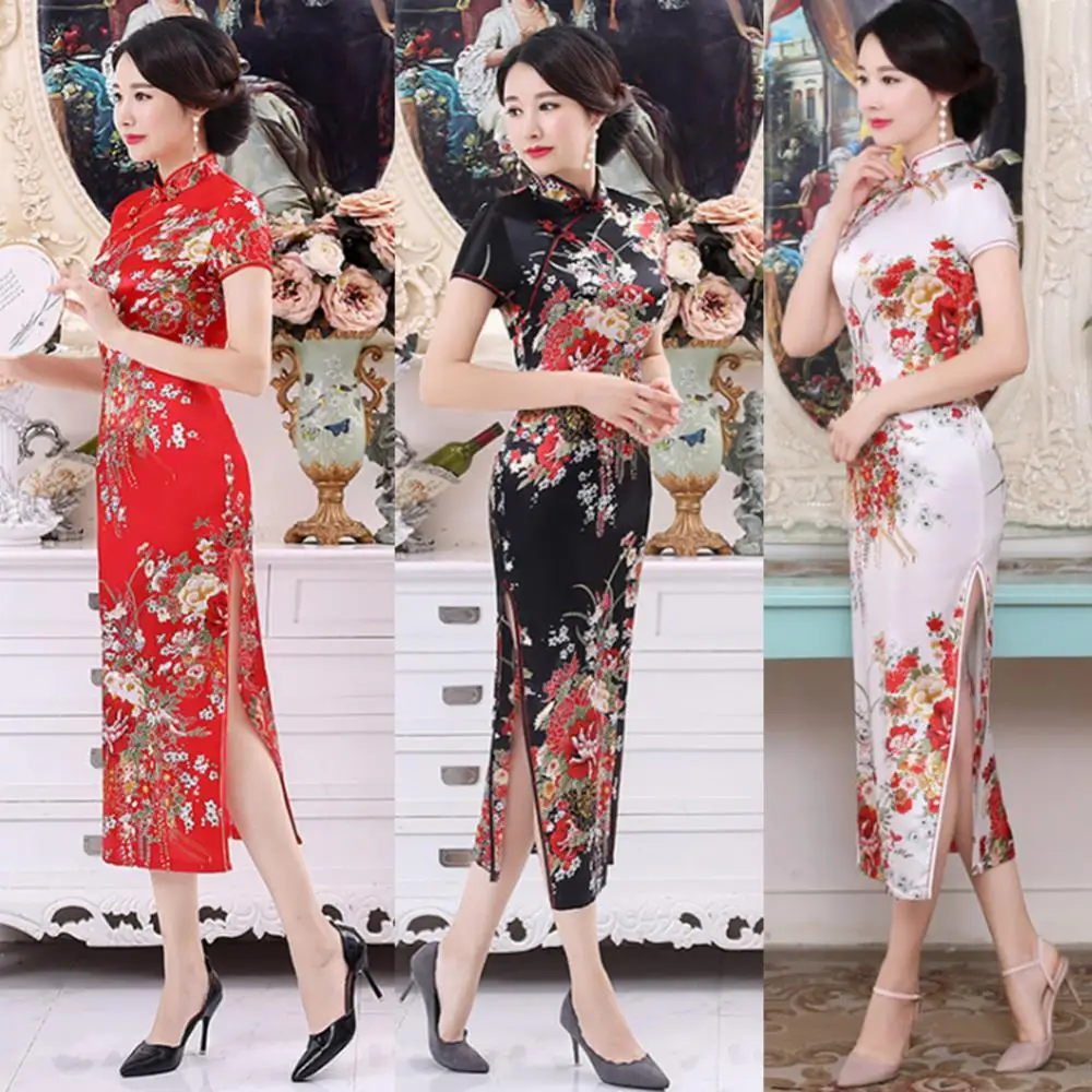 Elegant New Brocade Satin Chinese Qipao Classic Women Satin Cheongsam Oriental Bride Wedding Dresses 2023 New Evening Party Gown