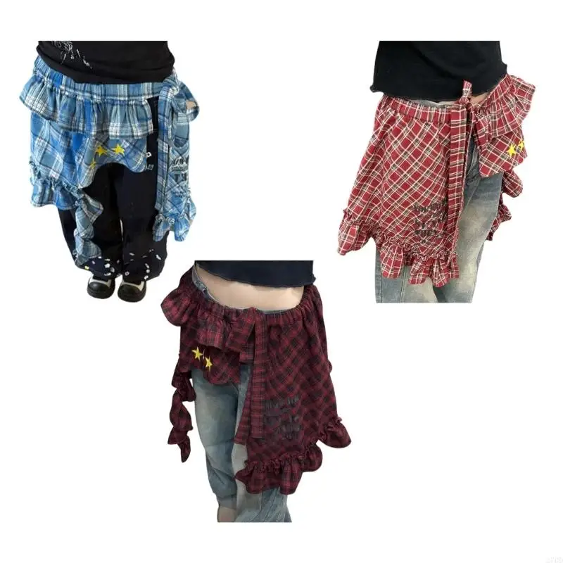 

270D Tie Waist Layered Wrap Skirt Checkered Star Ruffled Hip Scarf Shirt Extender