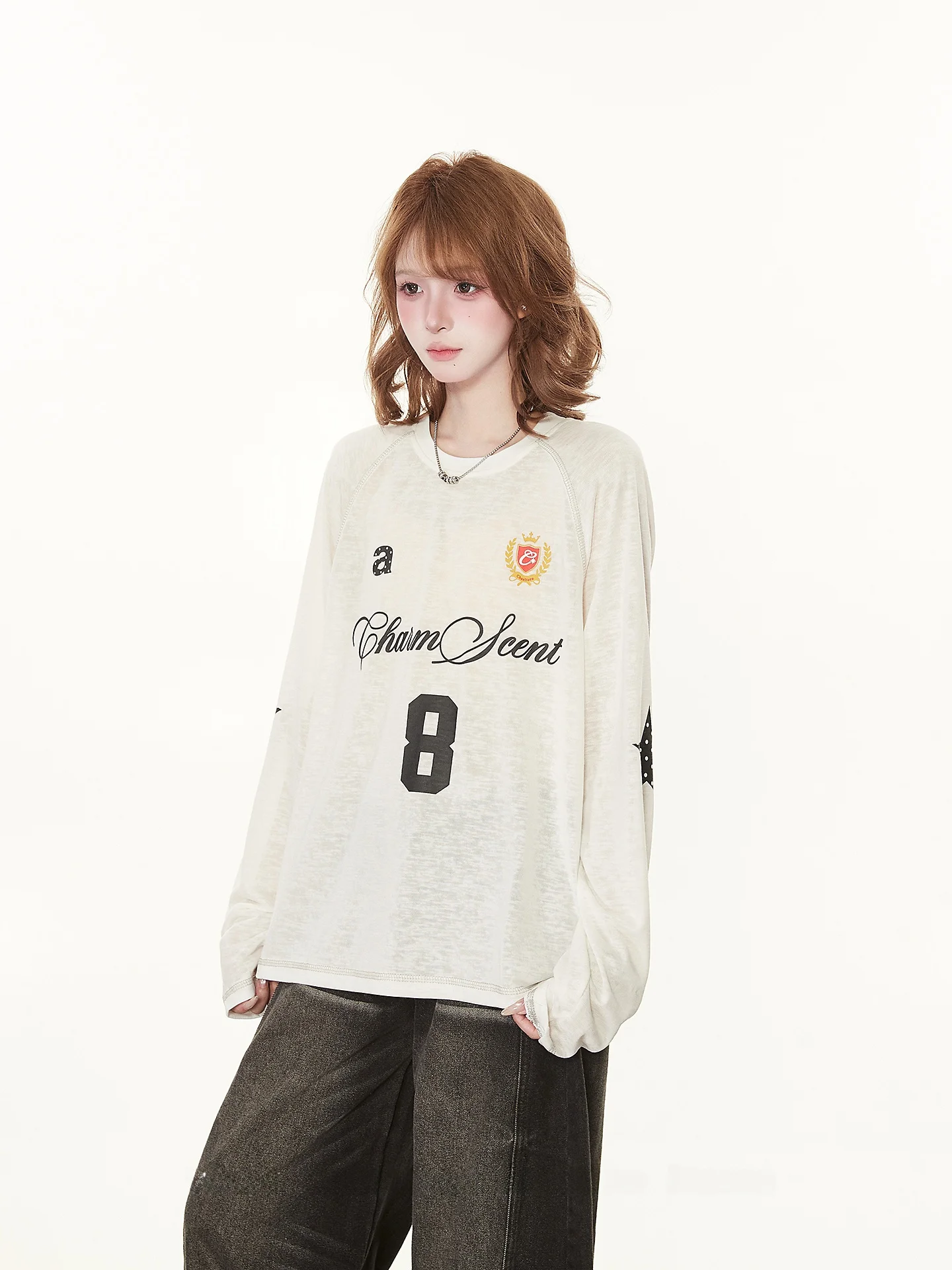 Retro American Casual College Style Long Sleeve T-Shirt Women's Spring Autumn Thin Loose Casual Sports Sun Protection Cover up