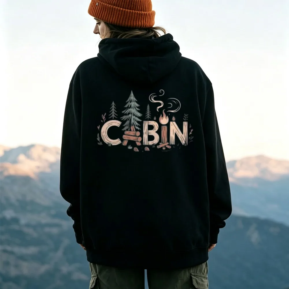 Cabin Pine Tree Campfire Forest Graphic Hoodie Front Print Sweatshirt Wilderness Cabin Life Outdoor Camping Hiking Casual Hooded