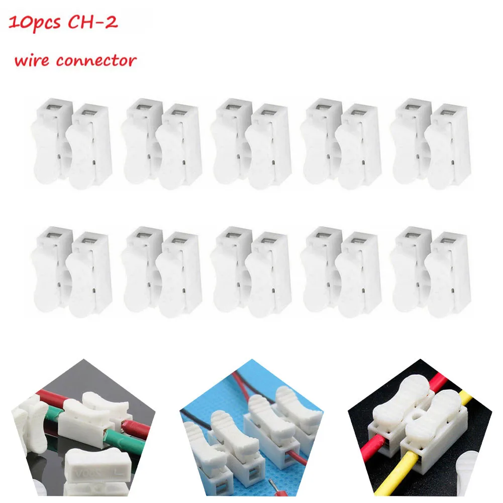 10pcs CH2 Quick Splice Lock Wire Connectors 2Pins Electrical Cable Terminals White 220v For Easy Safe Splicing Into Wires