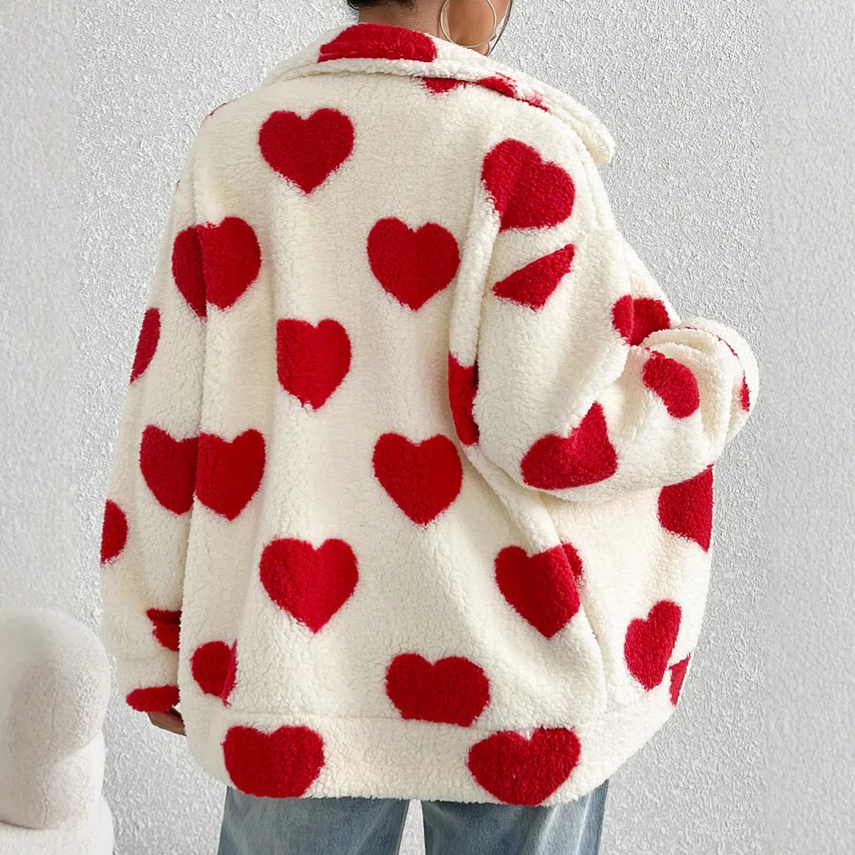 2025 Women's Autumn and Winter New Plush Heart Printing Casual Loose Long-sleeved Zipper Cardigan Jacket