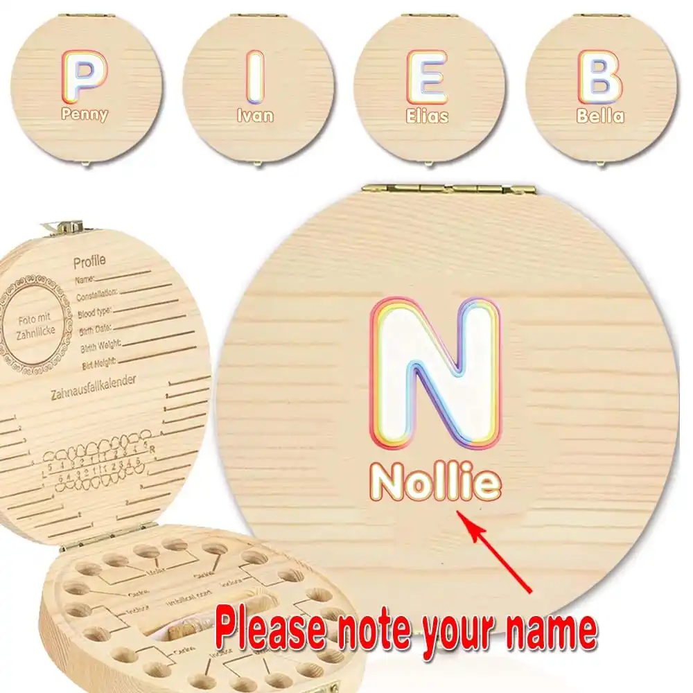 

Customized Name Milk Tooth Storage Box Holder Children Keepsake Umbilical Wooden Case Organizer Rainbow Gradient Pattern