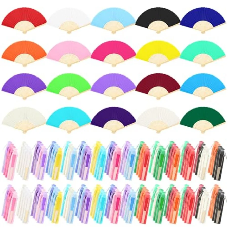 

MCEAST 120 Pieces Handheld Fans Silk Bamboo Folding Hand Fans Silk Fabric Folding Fans with Organza Bags for Church Wedding Par