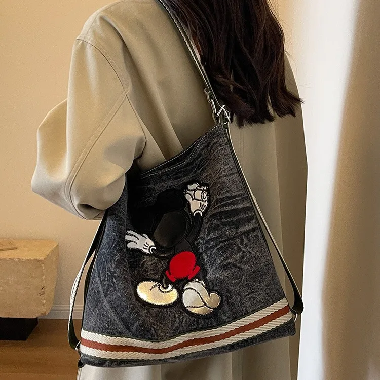 2024 New Disney Mickey Mouse Large-capacity Women's Canvas Denim Bag Student Fashion Commuter Shoulder Bag Girls Holiday Gift