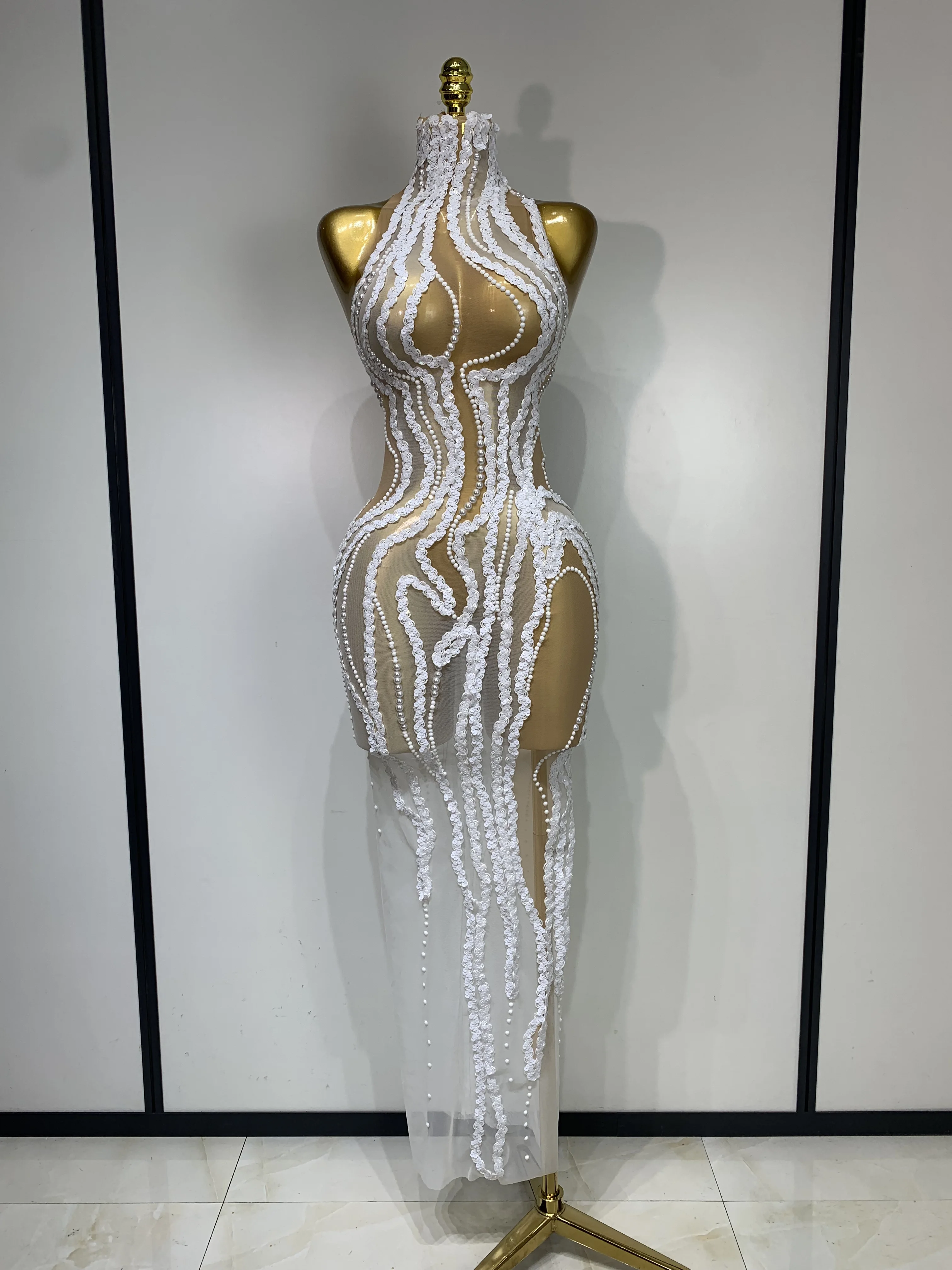Women Luxury White Pearl Sequines Mesh Transparent Long Dress Club Elegant Evening Party Dress Birthday Photoshoot Clothing