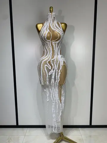 Women Luxury White Pearl Sequines Mesh Transparent Long Dress Club Elegant Evening Party Dress Birthday Photoshoot Clothing