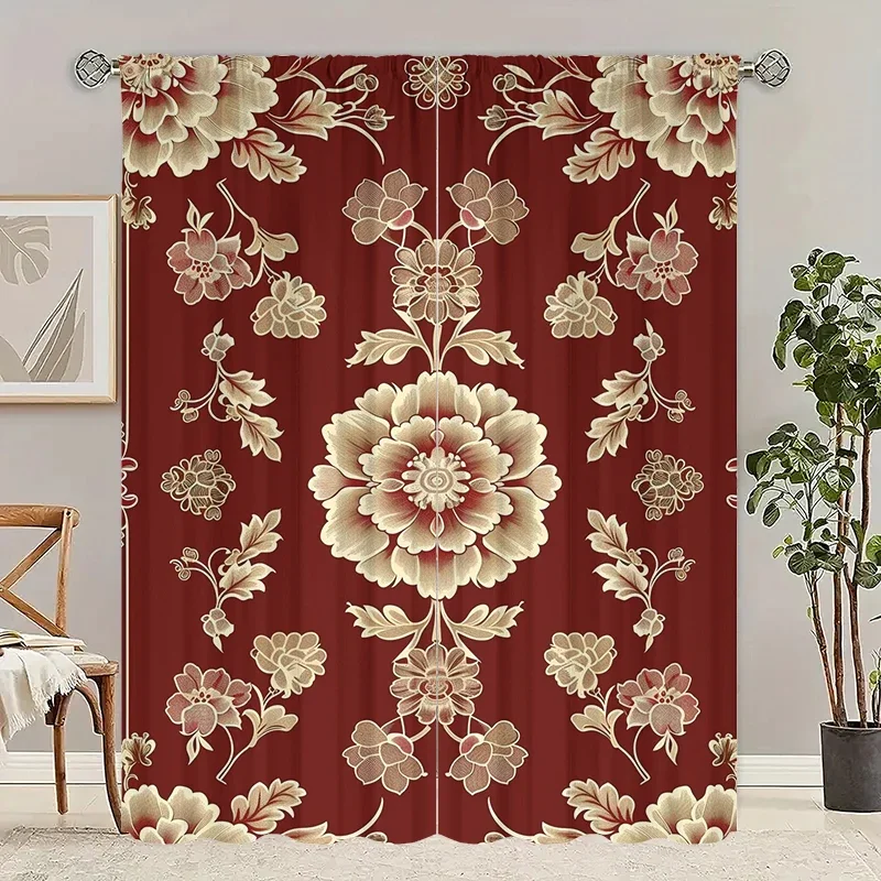 

2шт - Золотые цветы - Шторы с принтом - 100% полиэстер для штор для спальни и декора гостиной.