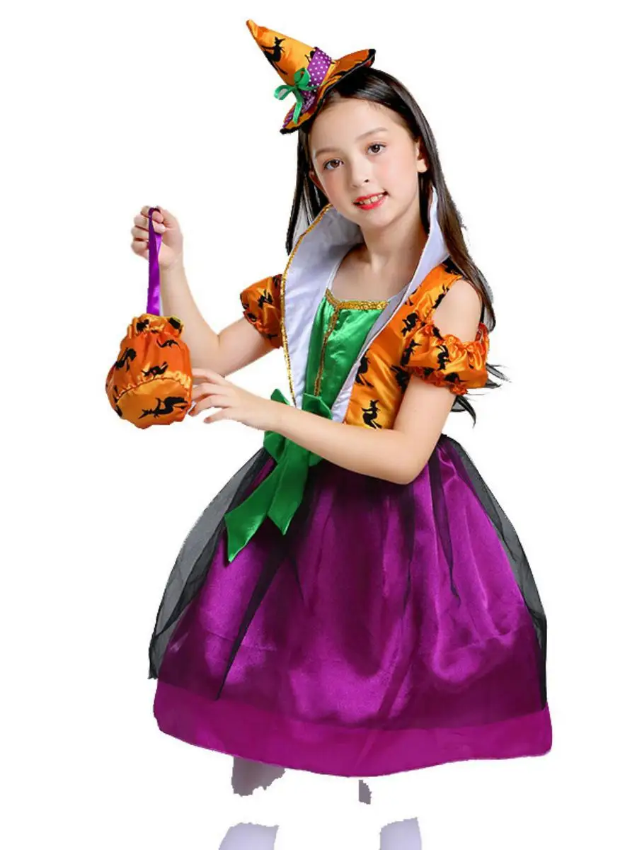 Fantasia de bruxa infantil loween, macacão de morcego eup par abóbora, roupas de performance de poliéster, fibra de acetato 00%