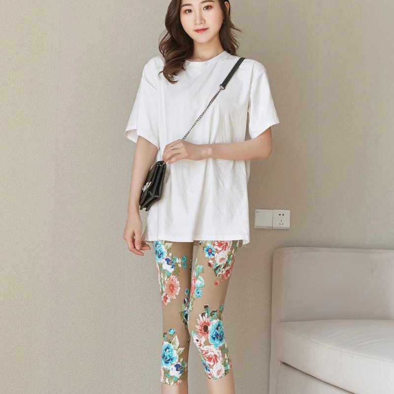 2025 mulheres verão estiramento floral leggings esportes fitness calças magras colheita 3/4 comprimento leggings capris recortado modal pant