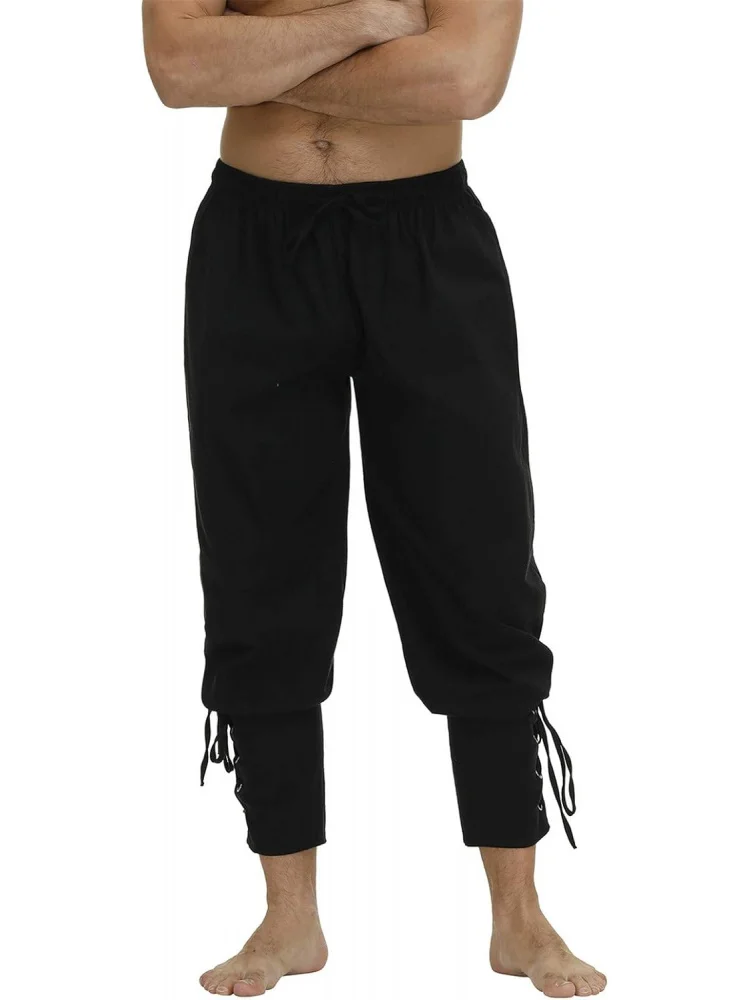 Men's Ankle Banded Cuff Renaissance Pants Medieval Viking Navigator Trousers Pirate Cosplay Costume with Drawstrings