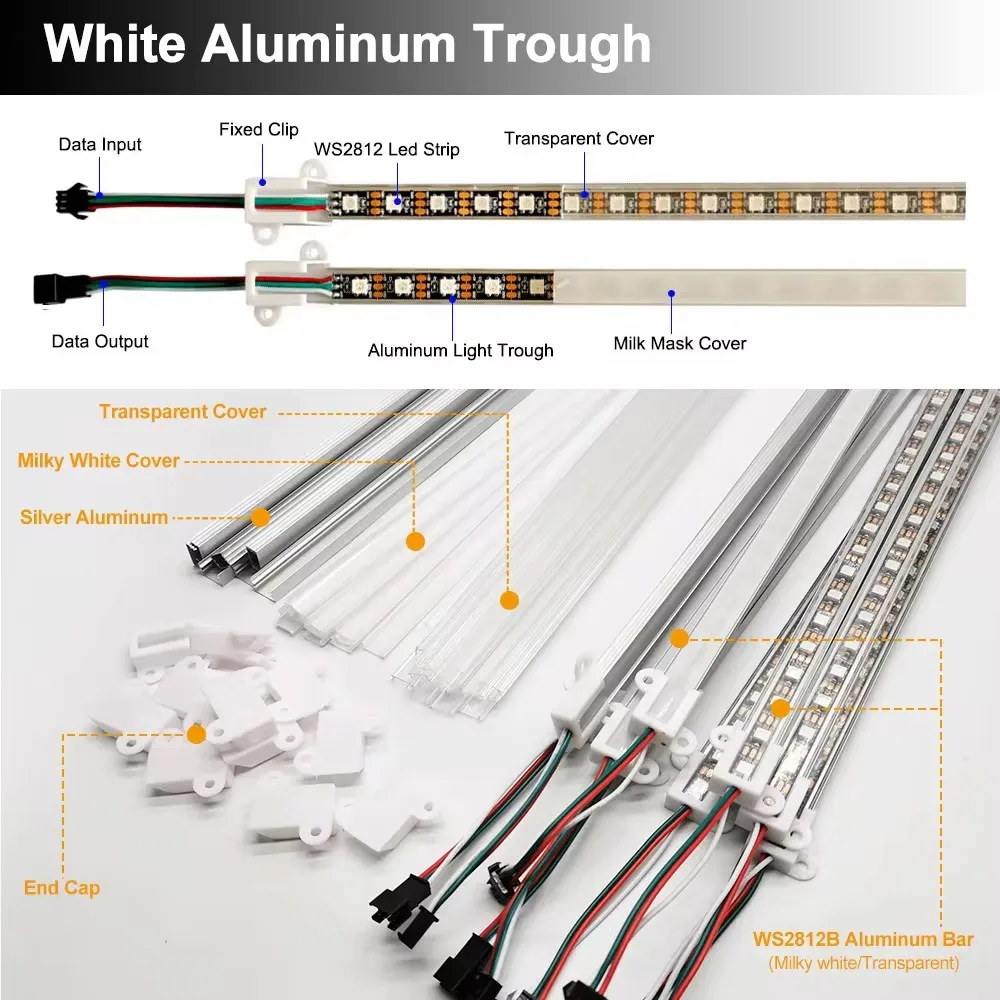 Aluminiowa lampa LED do szafki profil U twarda taśma kanałowa WS2812 indywidualnie adresowalna sztywna listwa 50cm 33cm czarna/biała osłona