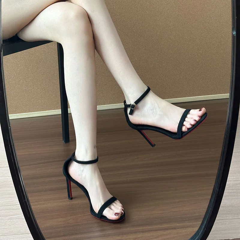 High Heeled Sandals for Women in The Summer of 2026 Fashionable Black Sexy Slim Heel Straight Buckle High-heeled Shoes