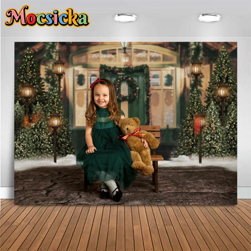 

Mocsicka Christmas Decoration Photography Background Xmas Tree Wooden House Green Door Flashing Lights Backdrop Studio Photozone