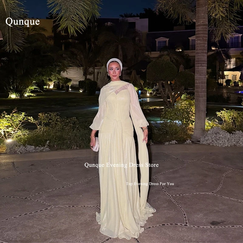 

Qvala пышные рукава блестящее шифоновое вечернее платье трапециевидной формы с высоким воротом Vestidos De Noche Elegantes со складками Robe Soirée Femme по индивидуальному заказу