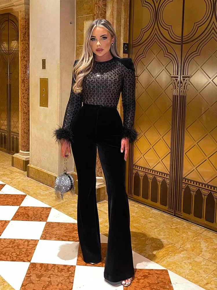 

Elegant Velvet Feather Decor Jumpsuits Women Slim Shoulder Pads Long Sleeve Belt High Waist Jumpsuit Lady Chic Party Romper