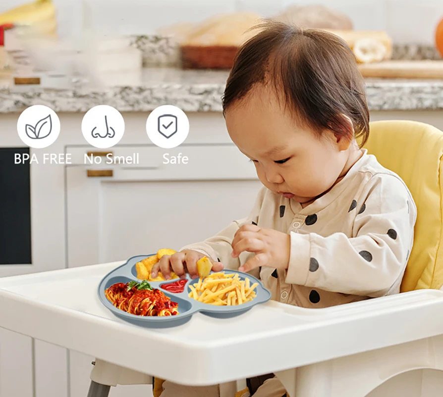 Assiette à manger en silicone avec ventouse pour bébé, solide, mignon, dessin animé, plats pour enfants, ventouse, bols d'alimentation pour enfants, britware d'entraînement pour tout-petits