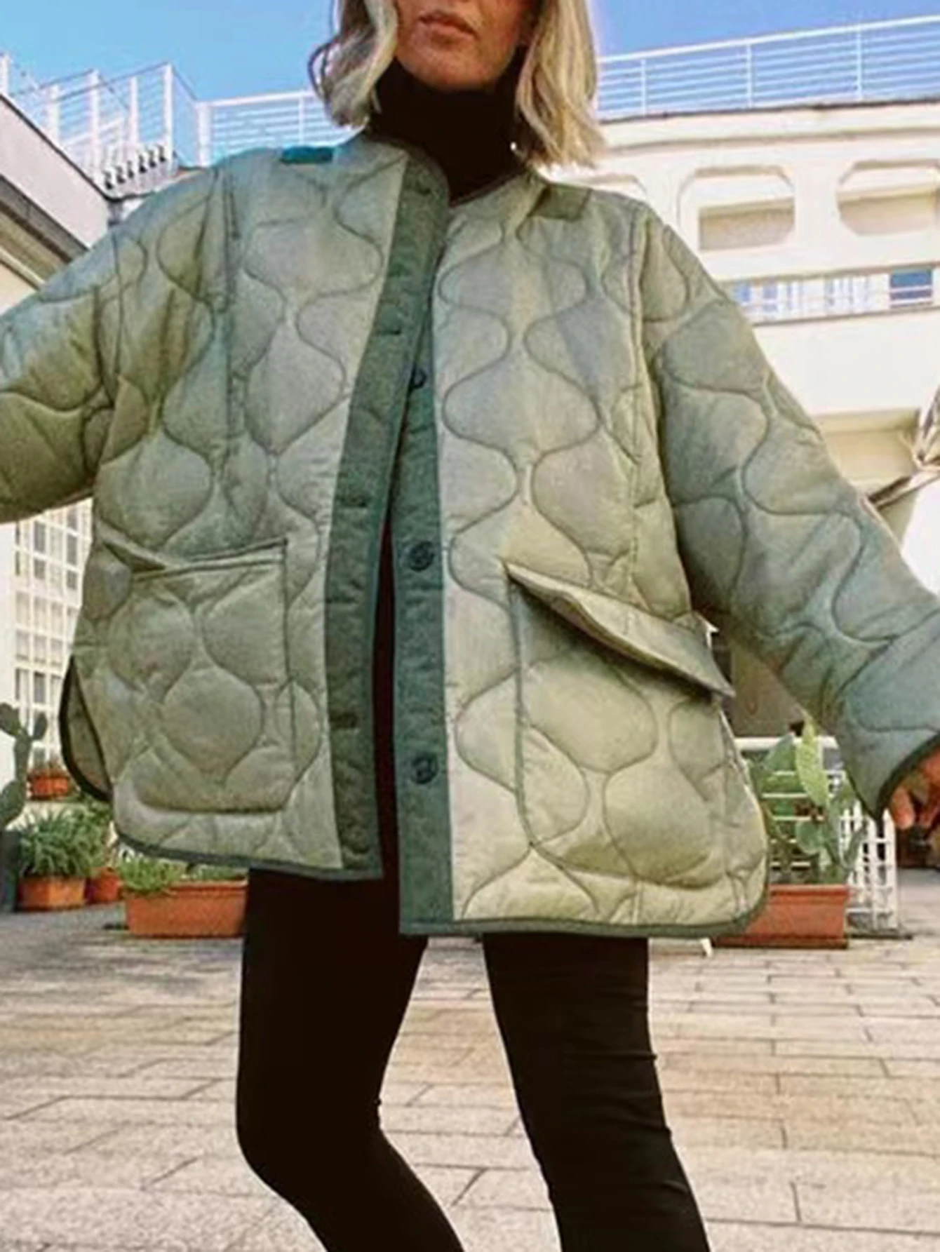 Gewatteerde damesjas Eenvoudig Effen Lange mouw Ronde hals Knoop Voorzakken Dagelijks Mode Herfst Winter Enkele rij knopen