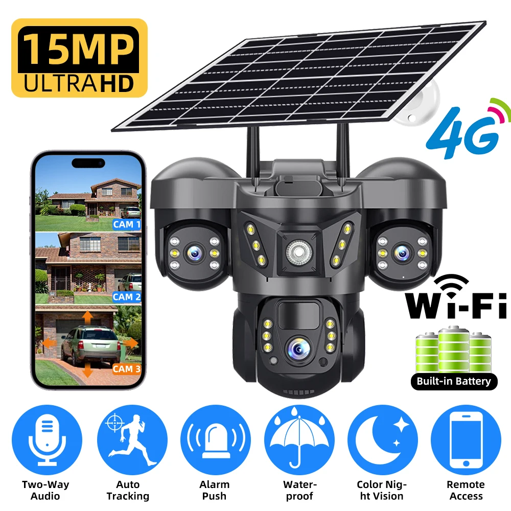 

Wireless WiFi Solar Camera 8k 15MP Triple Lens Three Screen 4G Solar Cam Human Detection Outdoor Solar Surveillance V380