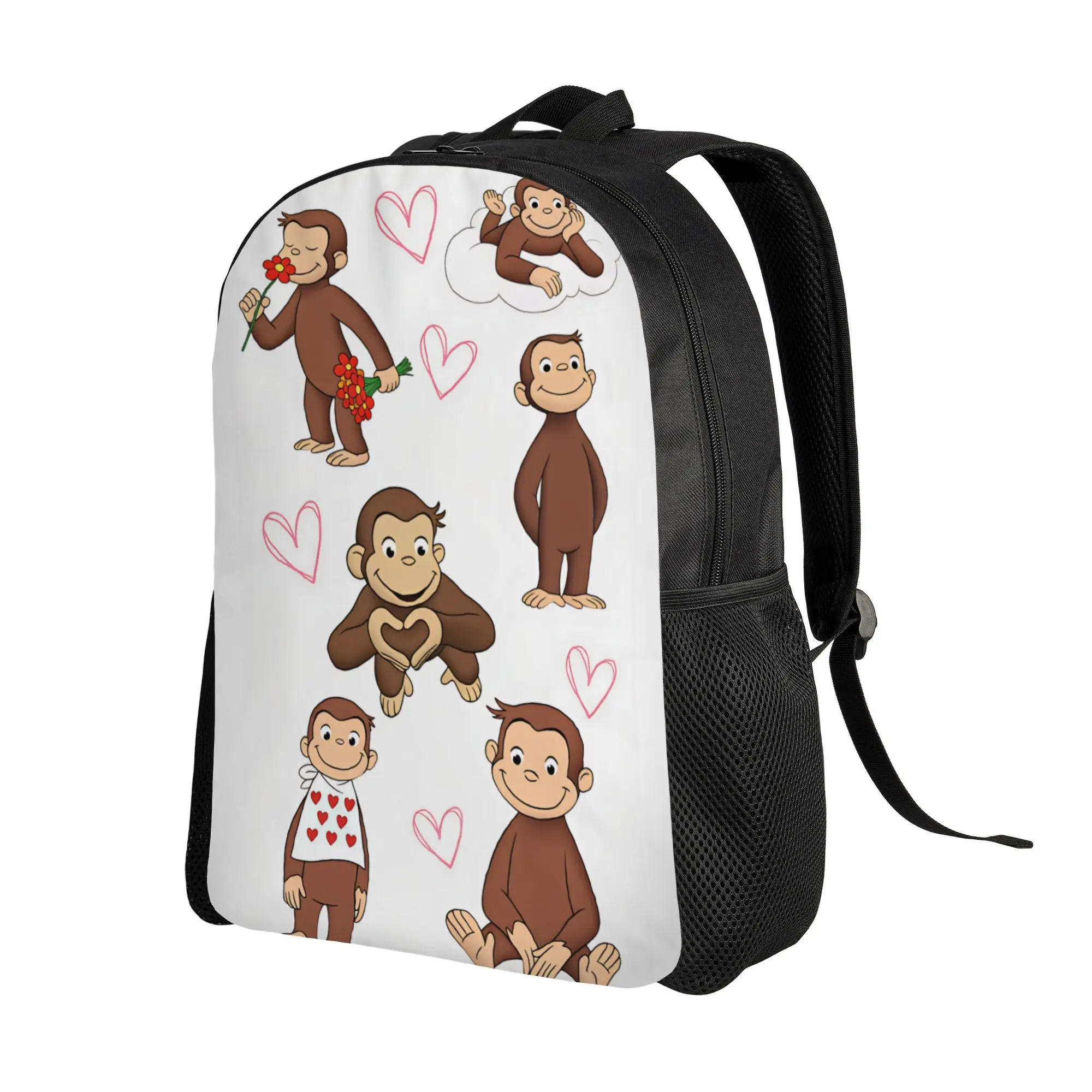 Curious George Love Heart Flower Cloud Backpack  Teen Polyester Travel Backpacks Big Kawaii High School Bags Rucksack