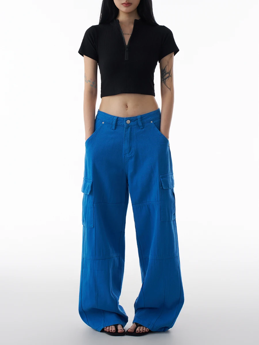 

ZHISILAO новые синие широкие прямые джинсы-карго с карманами, женские винтажные повседневные джинсовые брюки, уличная одежда 2025