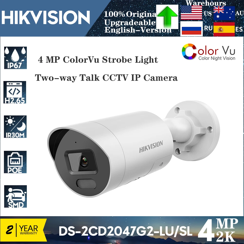 

Original Hikvision 4MP IP Camera DS-2CD2047G2-LU/SL ColorVu Strobe Light and Audible Warning Fixed Mini Bullet Network Camera