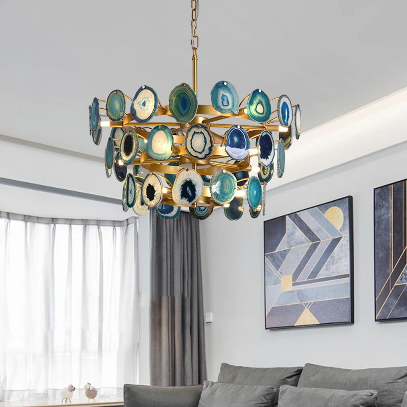 

Modern Colorful Agate Chandelier LED Stone Ceiling Chandelier For Bedroom Living Room Shop Decor Creative Gold Hanging Lamp