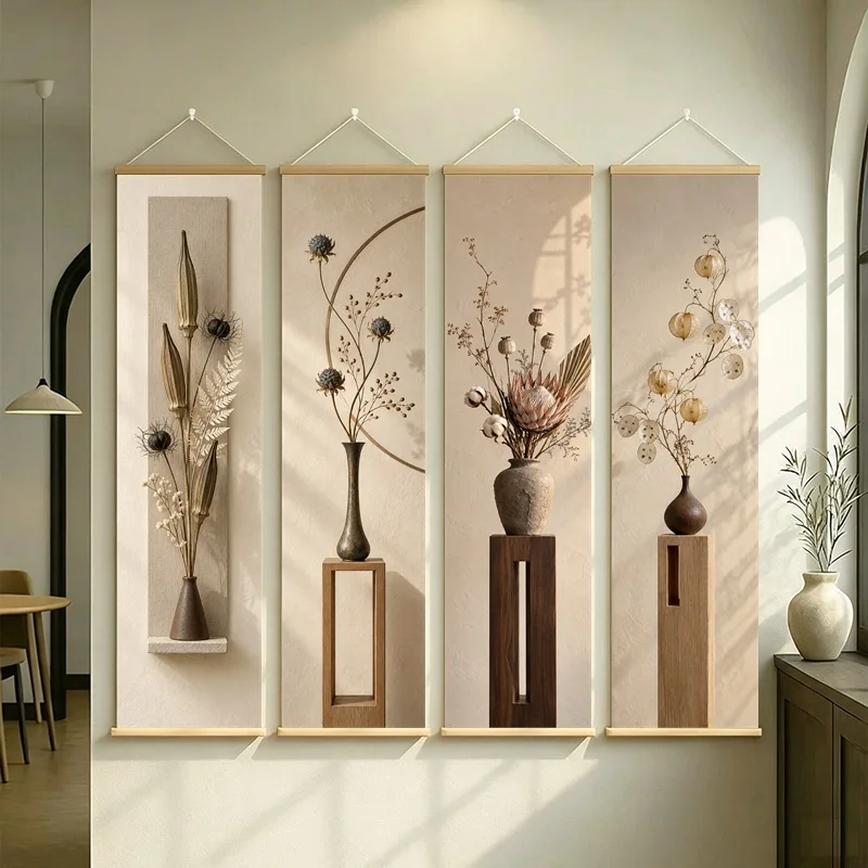 Dried Flower Wall Art 4-Panel Seed Pod and Protea Vase Hanging Scroll Set on Beige Silver Shimmer Canvas for Rustic Home Decor