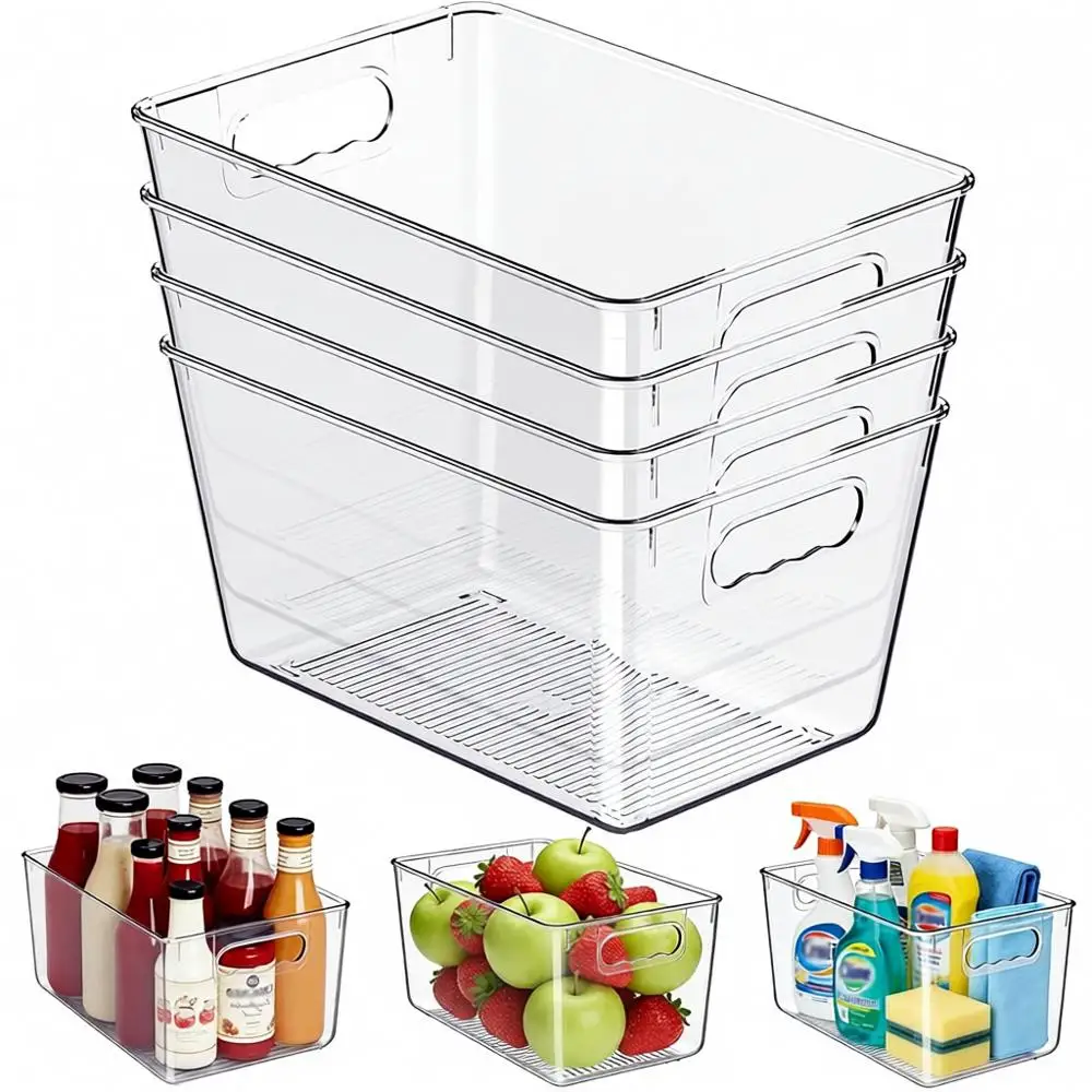 

Clear Plastic Storage Bins, 4-Pack, Stackable, Pantry Organizers, Storage Containers, Kitchen, Cabinet, Closet Organization, Hom