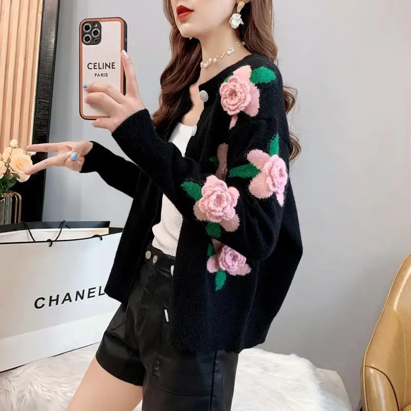 Sweater Female 2023 Spring and Autumn Knitwear Women Heavy Industry Rose Blossom Embroidery Contrast Sweater Coat Cardigan