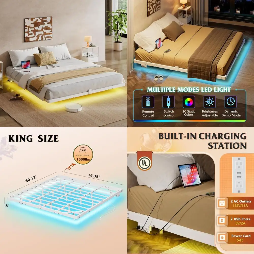 

Металлический каркас кровати размера «king-size» с светодиодной подсветкой, зарядной станцией и прочными стальными планками для улучшенной поддержки и Con